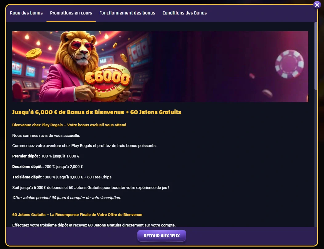 Bonus de bienvenue PlayRegalPlay avec jusqu’à 6 000 € de bonus et 60 jetons gratuits